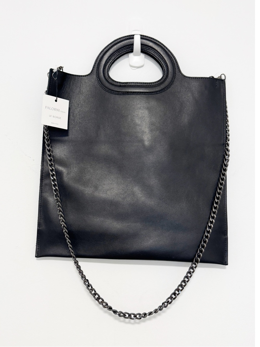 NWT Falor Italy Black Leather Tote Bag with chain strap